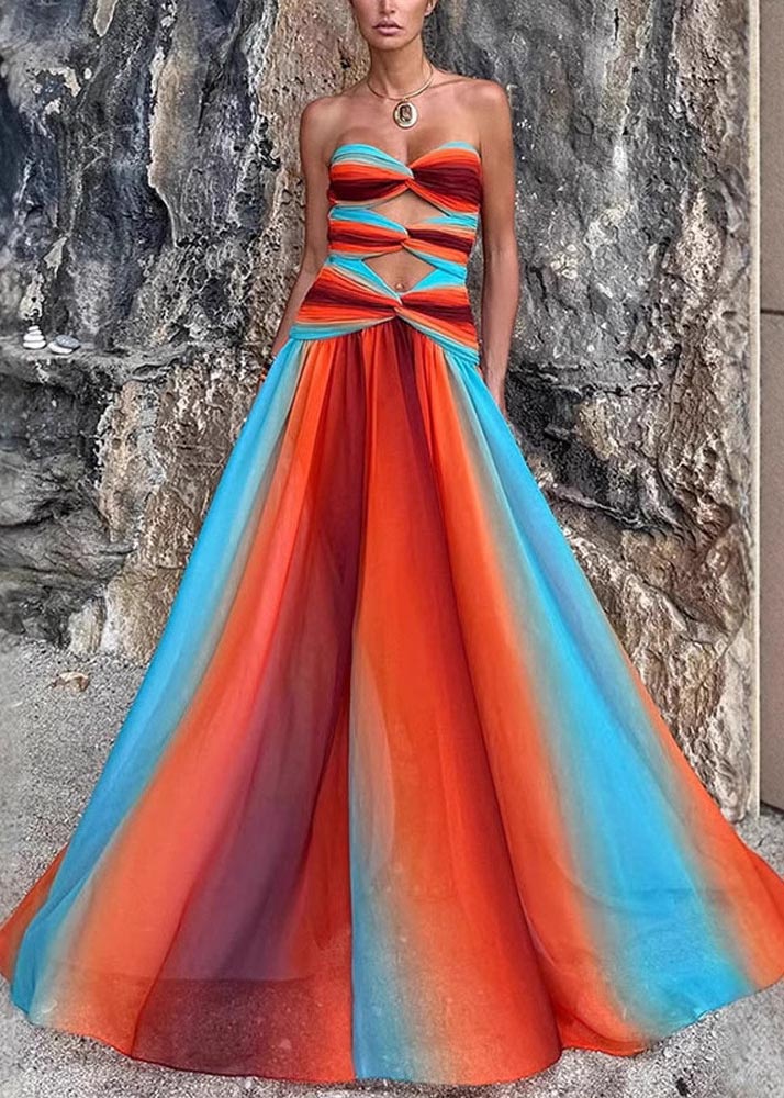 Bohemian Gradient Color Exra Large Hem Chiffon Strapless Dress Summer