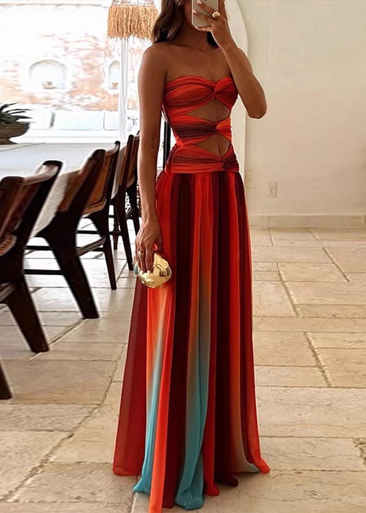 Bohemian Gradient Color Exra Large Hem Chiffon Strapless Dress Summer