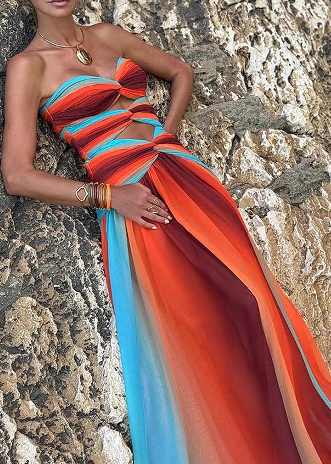 Bohemian Gradient Color Exra Large Hem Chiffon Strapless Dress Summer
