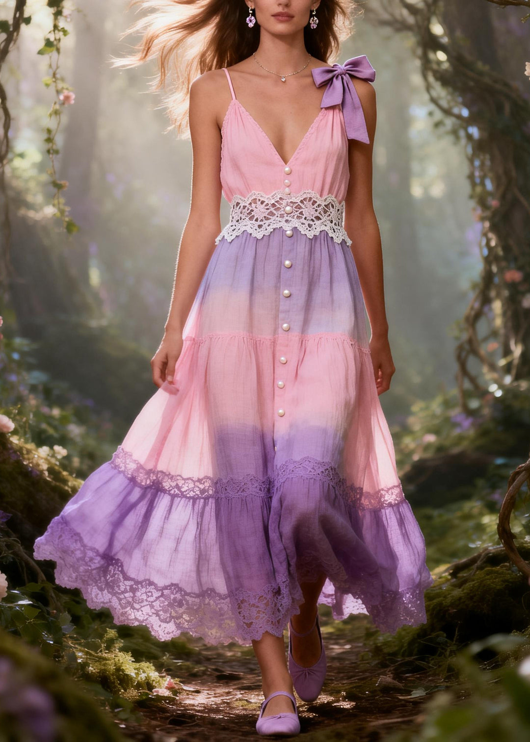 Bohemian Gradient Color Patchwork Lace Holiday Sundress Summer