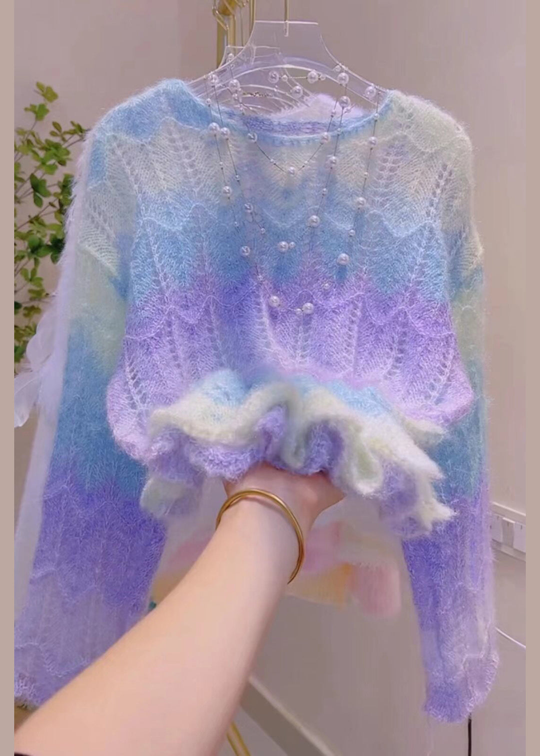 Bohemian Gradient Purple Oversized Hollow Out Knit Pullover Fall