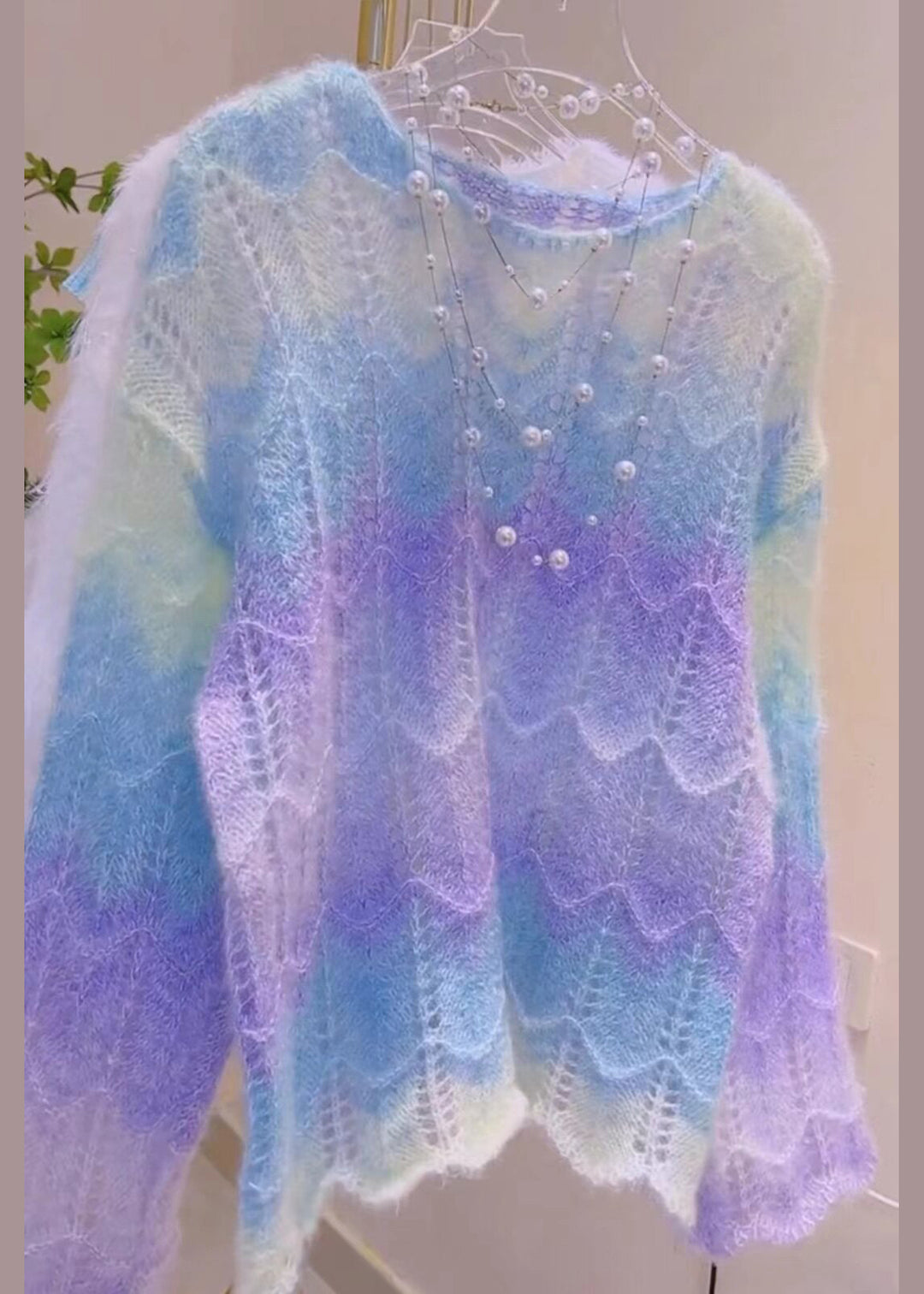 Bohemian Gradient Purple Oversized Hollow Out Knit Pullover Fall