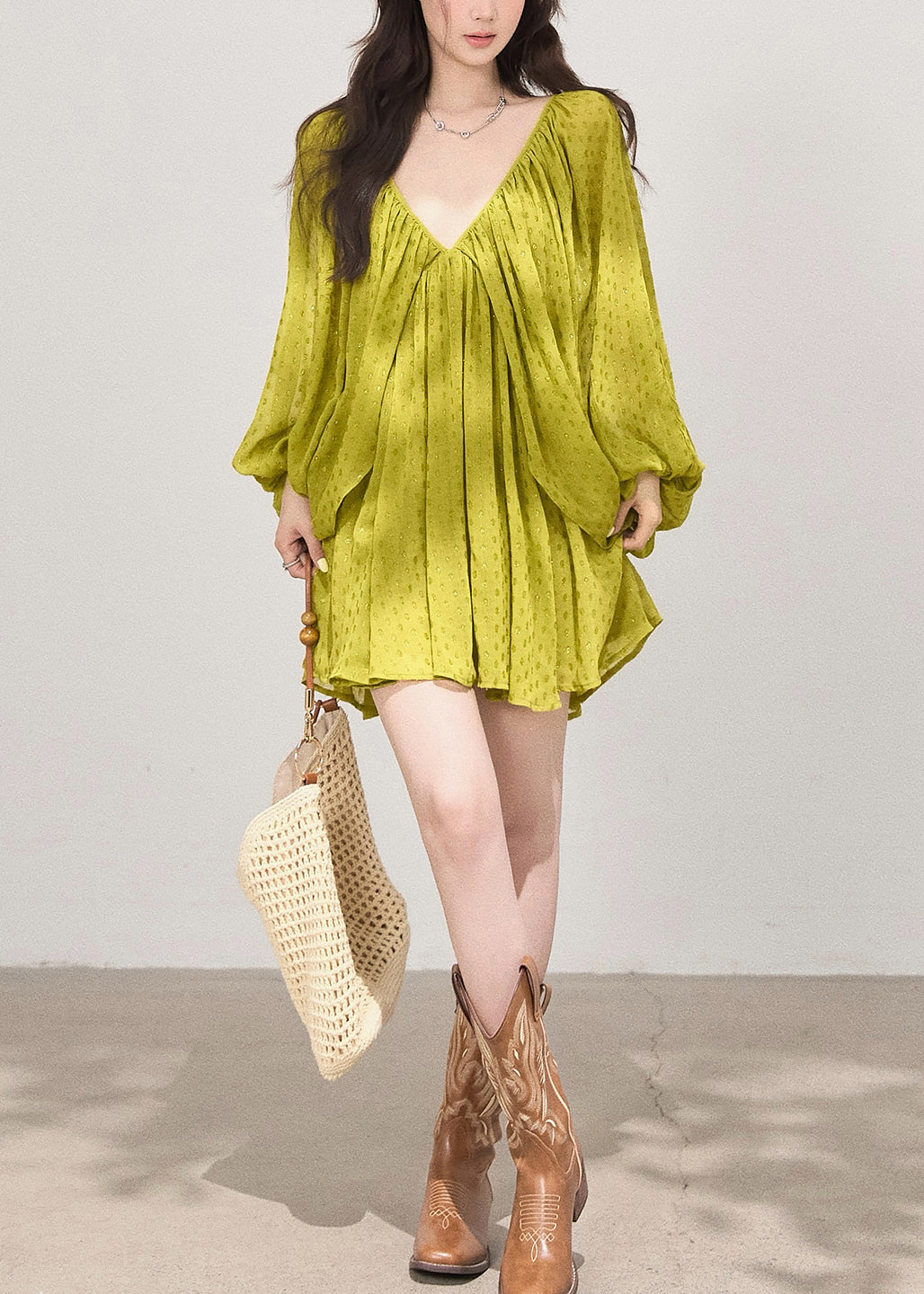 Bohemian Grass Green Backless Print Cotton Holiday Dress Fall