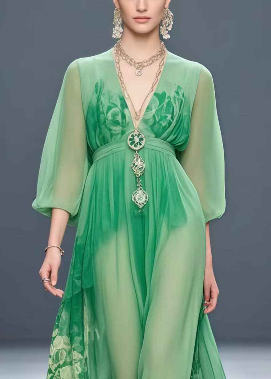 Bohemian Grass Green Cinched Print Chiffon Robe Dresses Spring