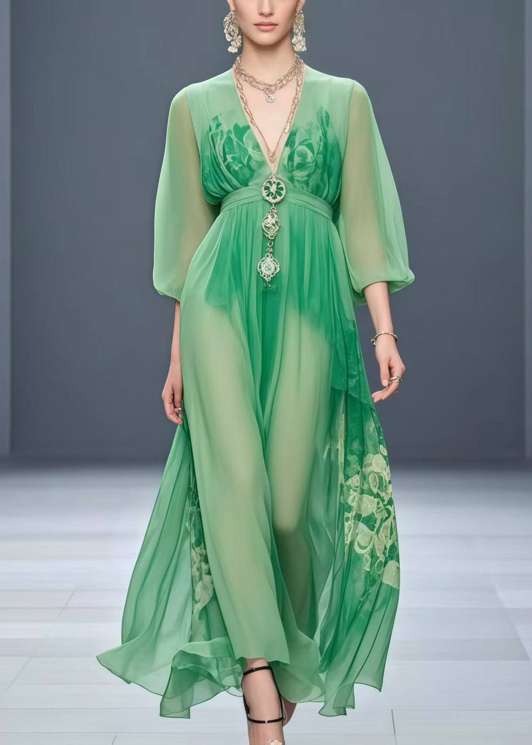Bohemian Grass Green Cinched Print Chiffon Robe Dresses Spring