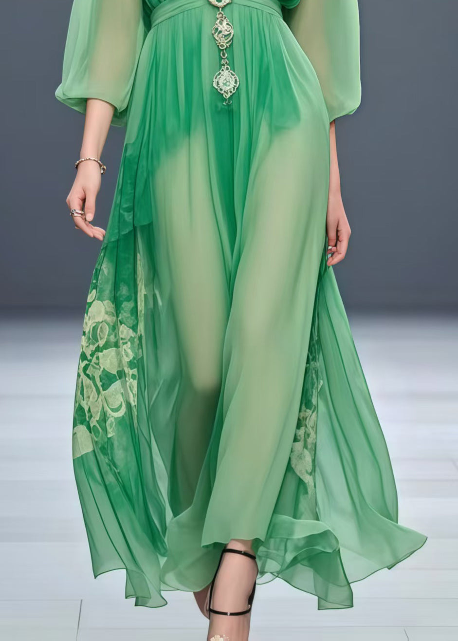 Bohemian Grass Green Cinched Print Chiffon Robe Dresses Spring