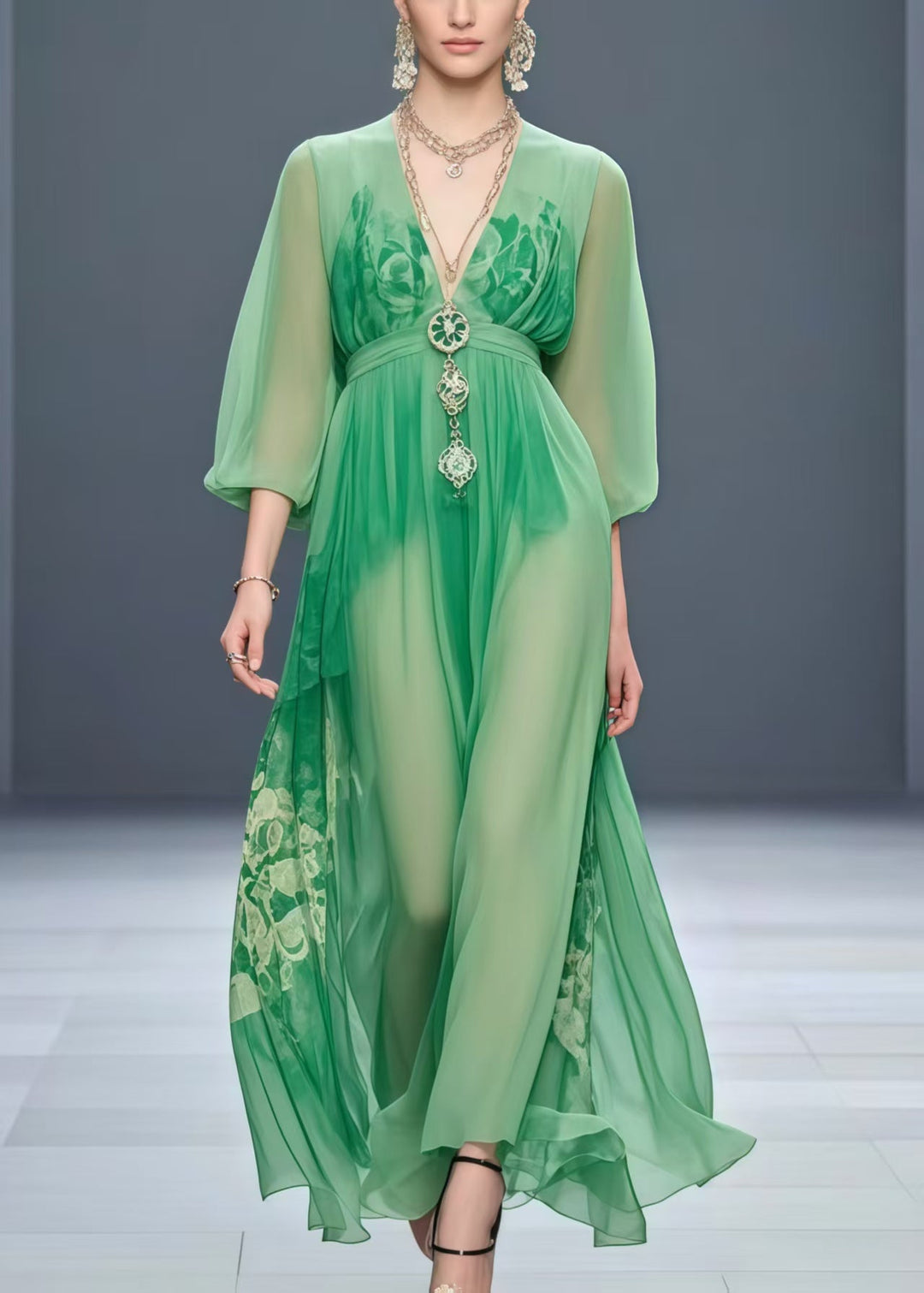 Bohemian Grass Green Cinched Print Chiffon Robe Dresses Spring