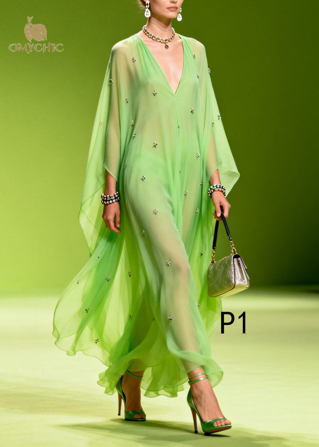 Bohemian Grass Green Oversized Print Chiffon Robe Dresses Summer