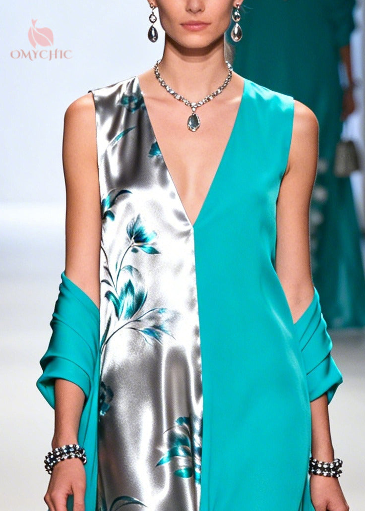 Bohemian Green Asymmetrical Patchwork Chiffon Dress Sleeveless