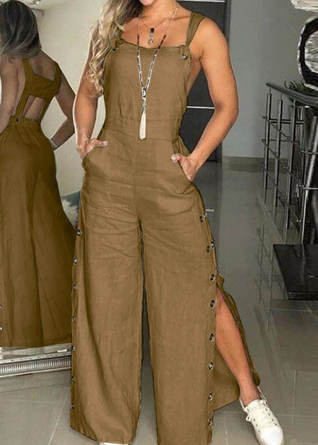 Bohemian Green Backless Patchwork Cotton Jumpsuits Sleeveless