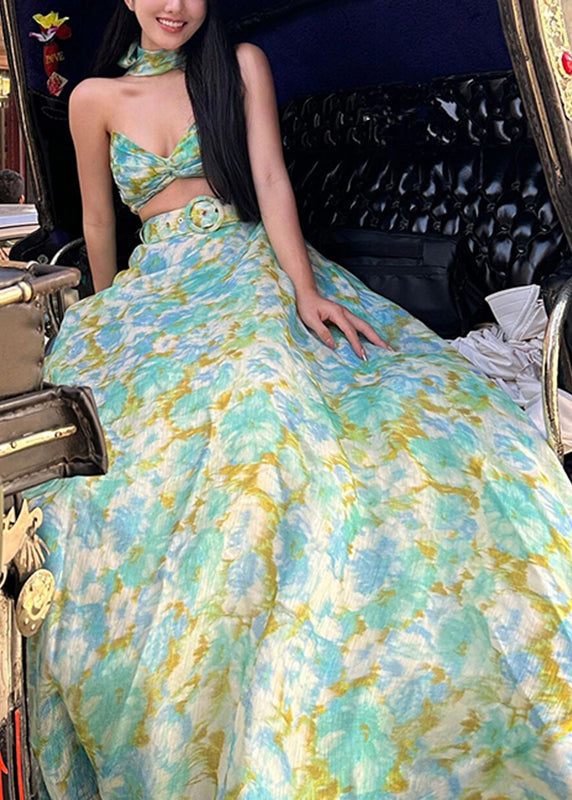 Bohemian Green Bow Print Top And A Line Skirts Two Pieces Set Summer