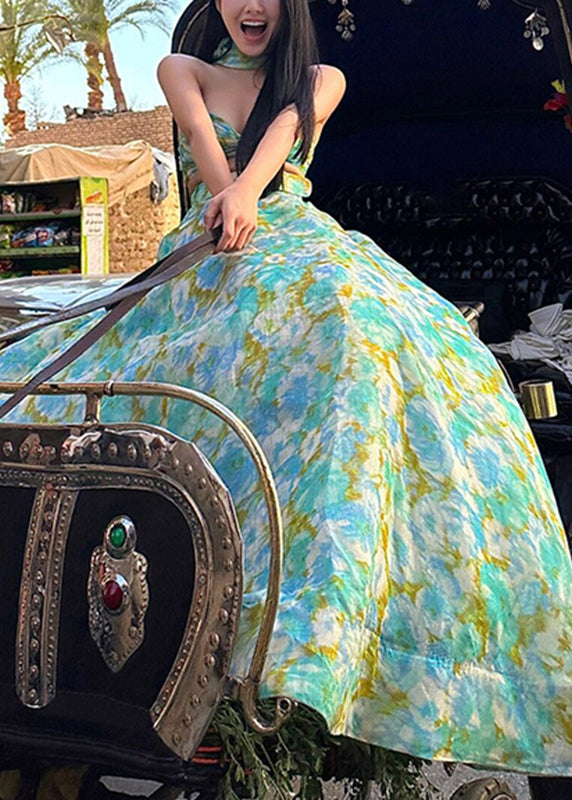 Bohemian Green Bow Print Top And A Line Skirts Two Pieces Set Summer