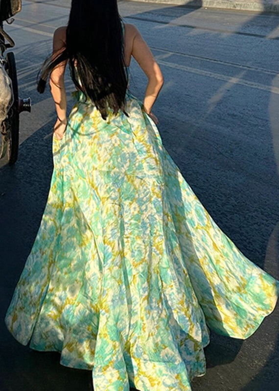 Bohemian Green Bow Print Top And A Line Skirts Two Pieces Set Summer