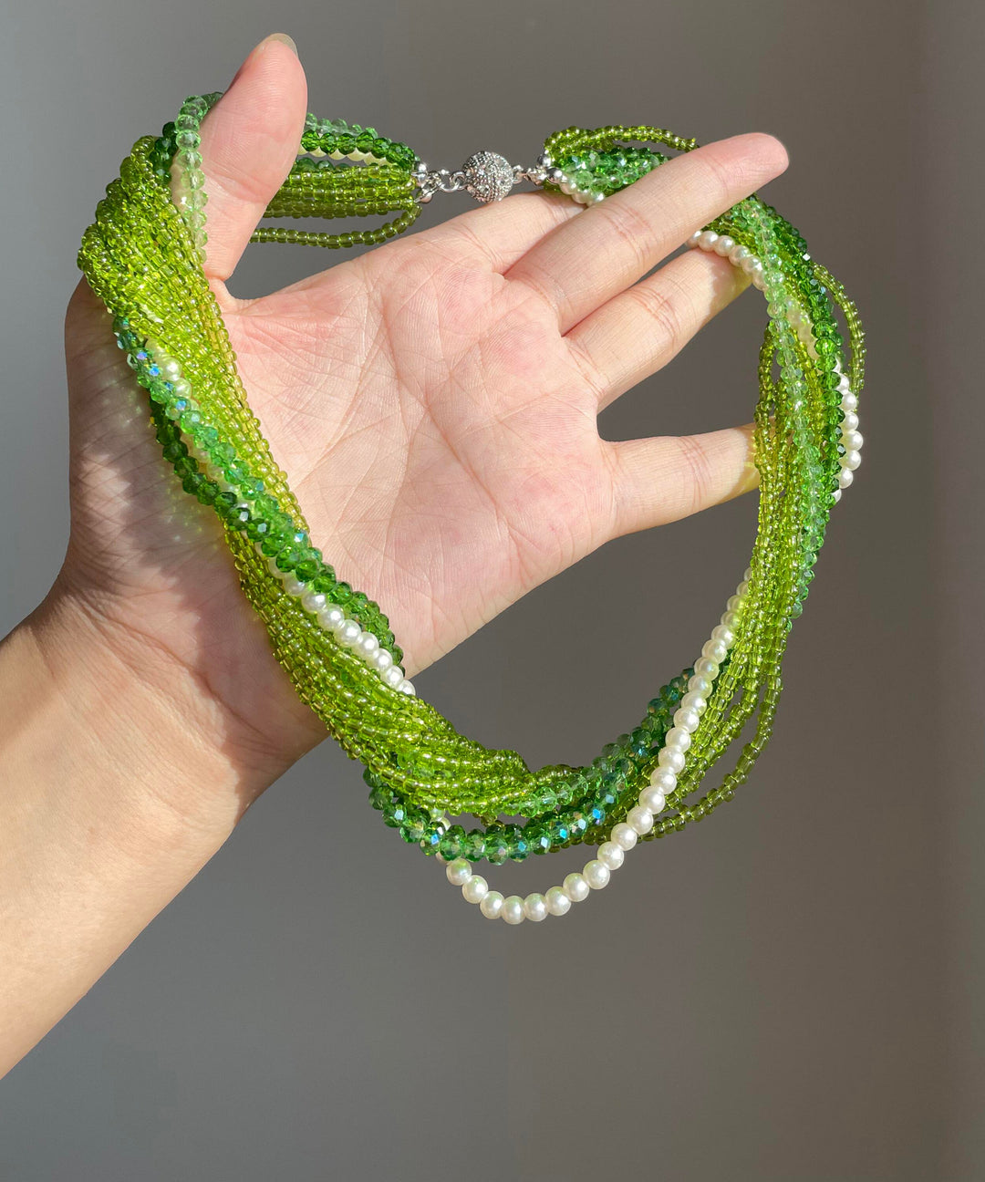 Bohemian Green Crystal Resin Layered Gratuated Bead Necklace