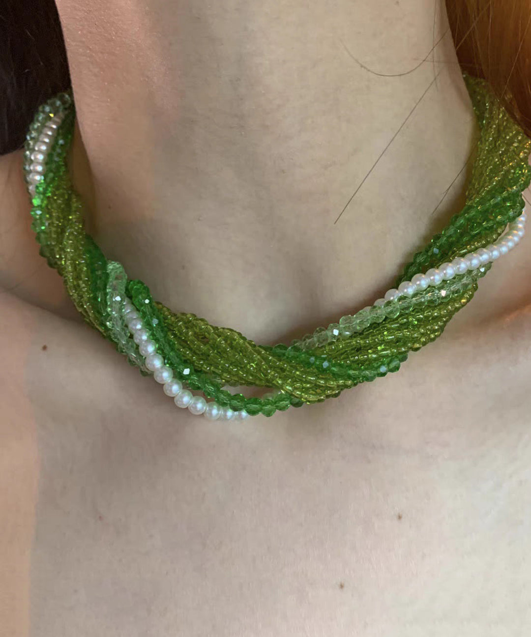 Bohemian Green Crystal Resin Layered Gratuated Bead Necklace
