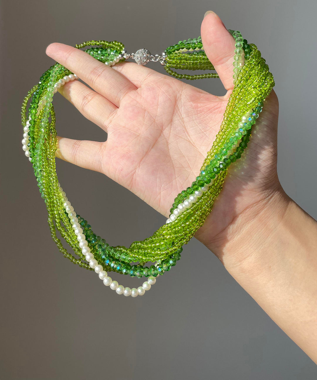 Bohemian Green Crystal Resin Layered Gratuated Bead Necklace