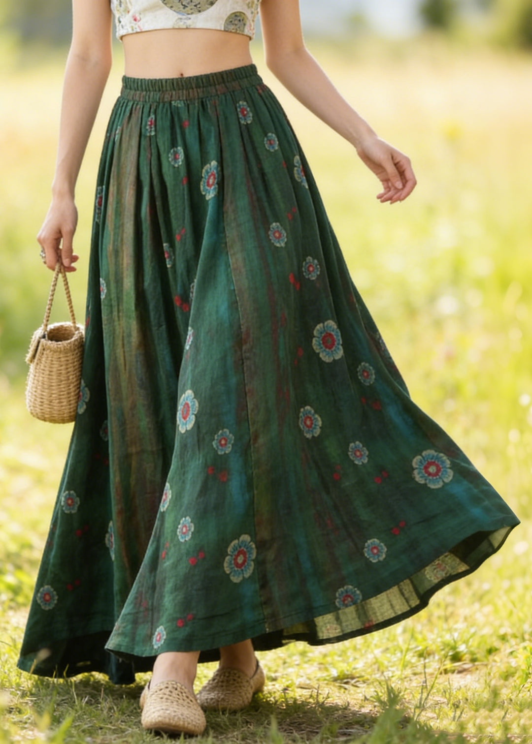 Bohemian Green Elastic Waist Print Linen Skirts Summer