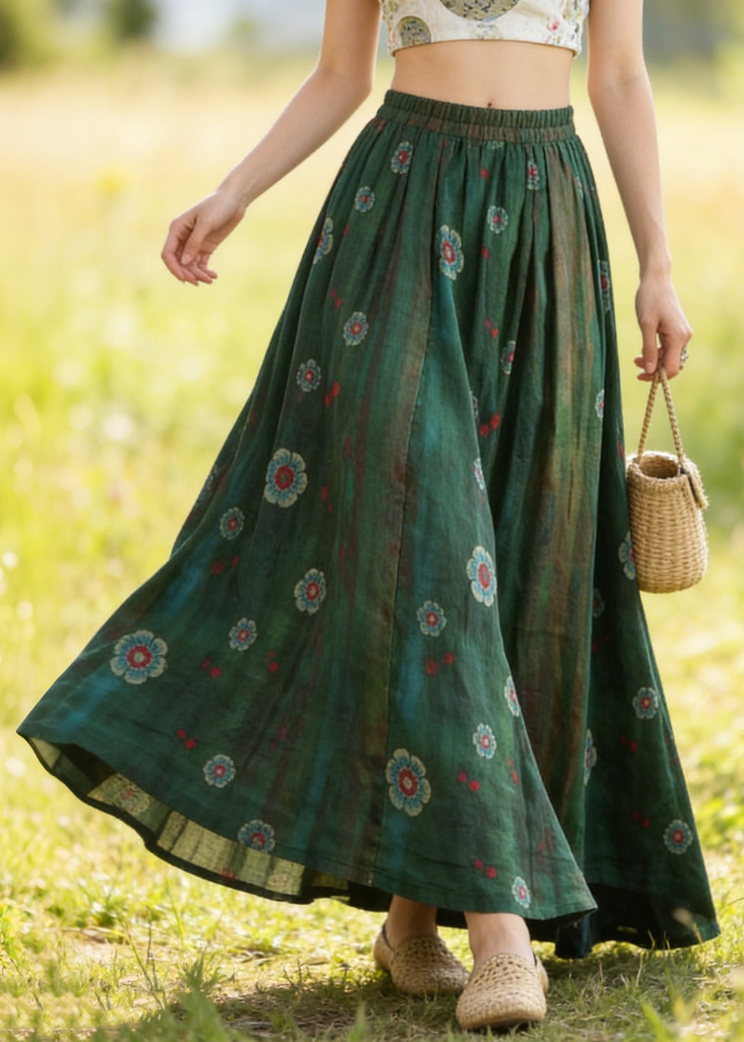 Bohemian Green Elastic Waist Print Linen Skirts Summer