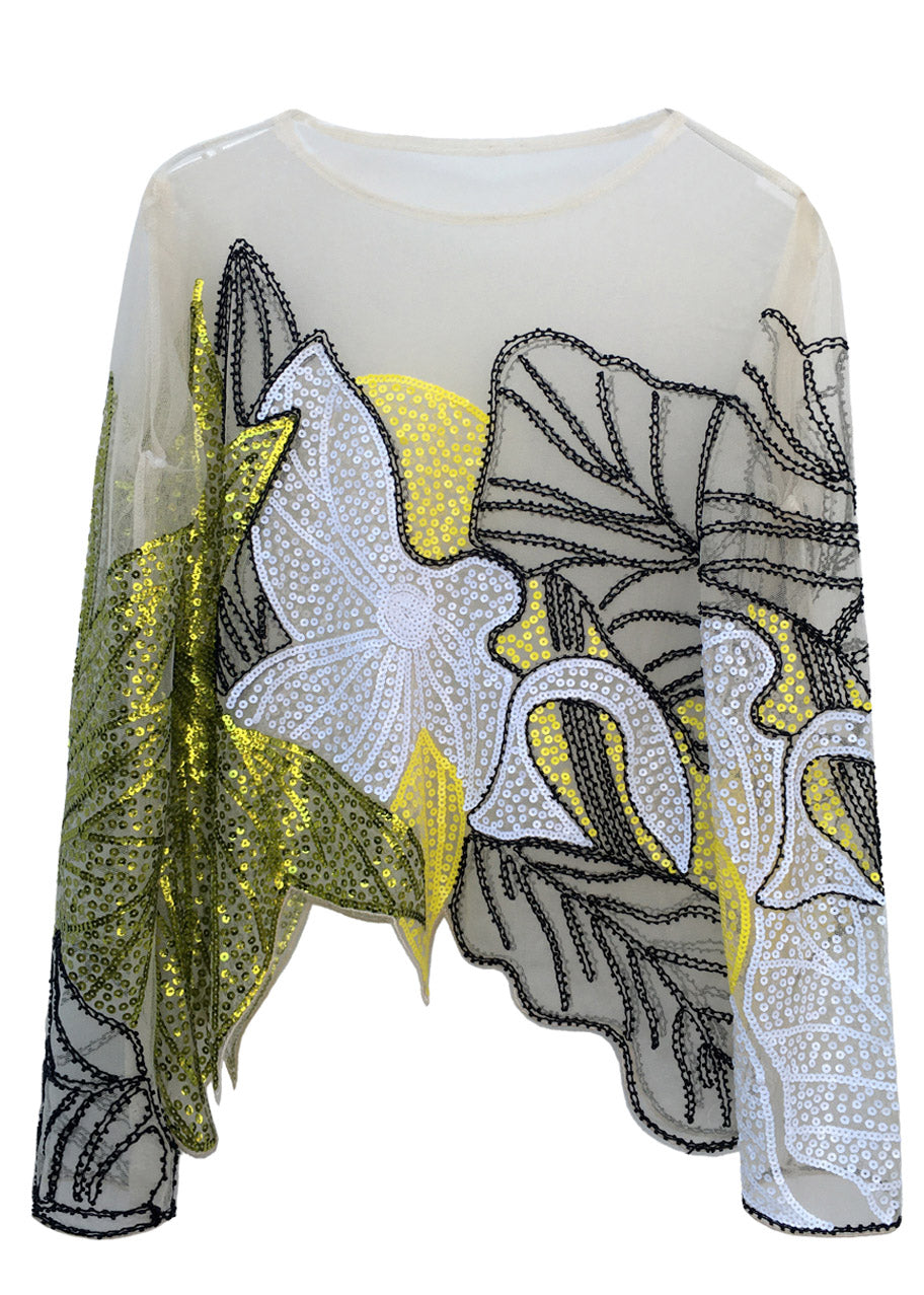 Bohemian Green O-Neck Print Sequins Thin Top Fall