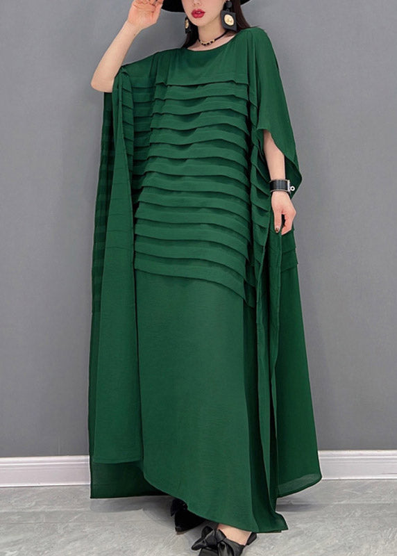 Casual Bohemian Green O-Neck Striped Chiffon Ankle Dress