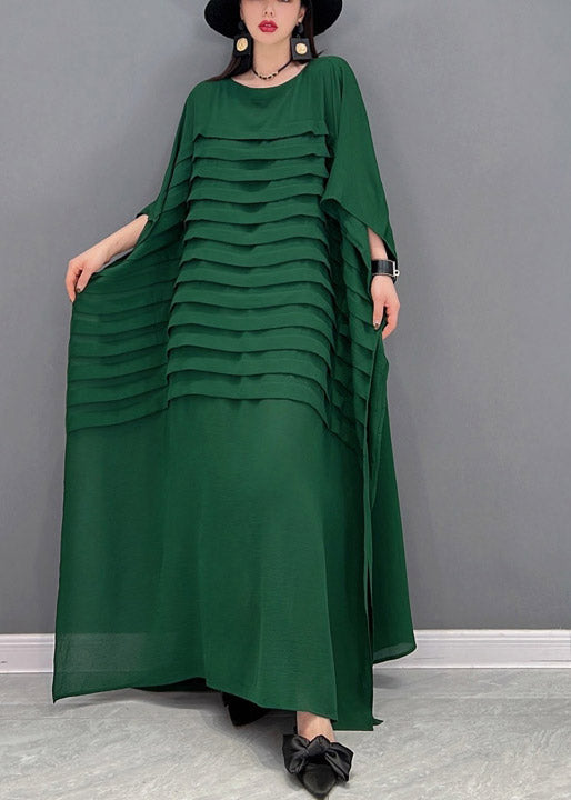 Casual Bohemian Green O-Neck Striped Chiffon Ankle Dress