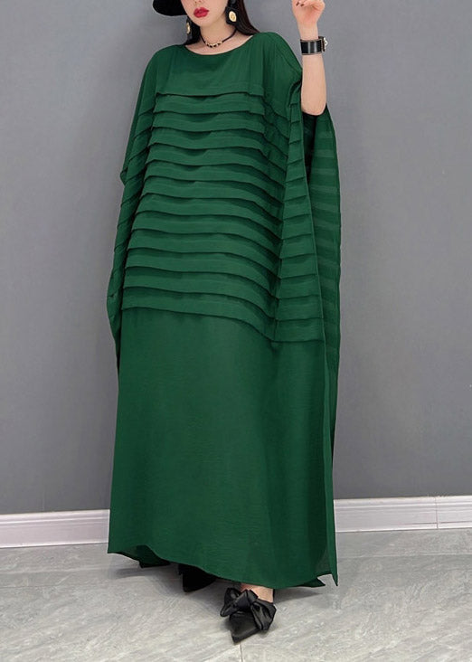 Casual Bohemian Green O-Neck Striped Chiffon Ankle Dress