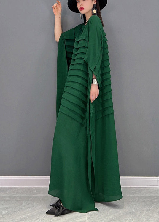 Casual Bohemian Green O-Neck Striped Chiffon Ankle Dress