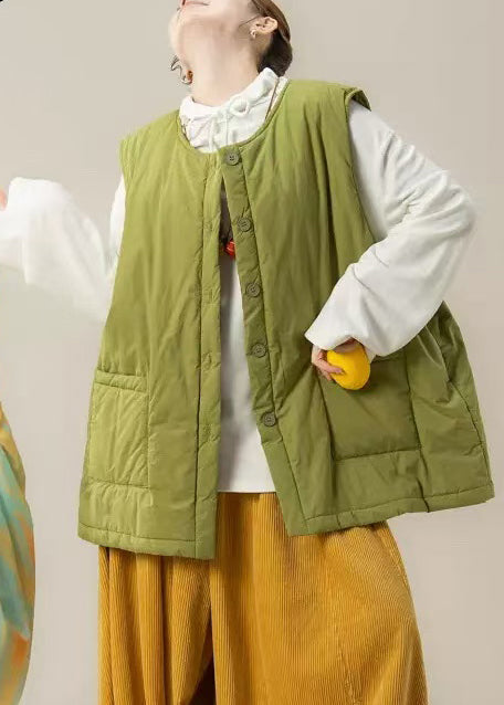 Bohemian Green Oversized Pockets Fine Cotton Filled Winter Vests