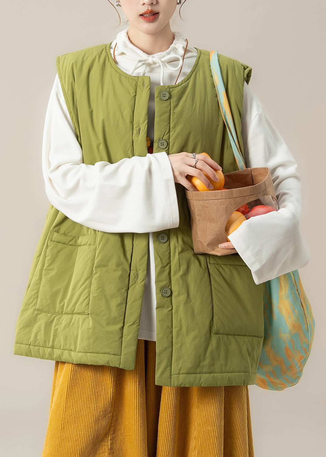 Bohemian Green Oversized Pockets Fine Cotton Filled Winter Vests