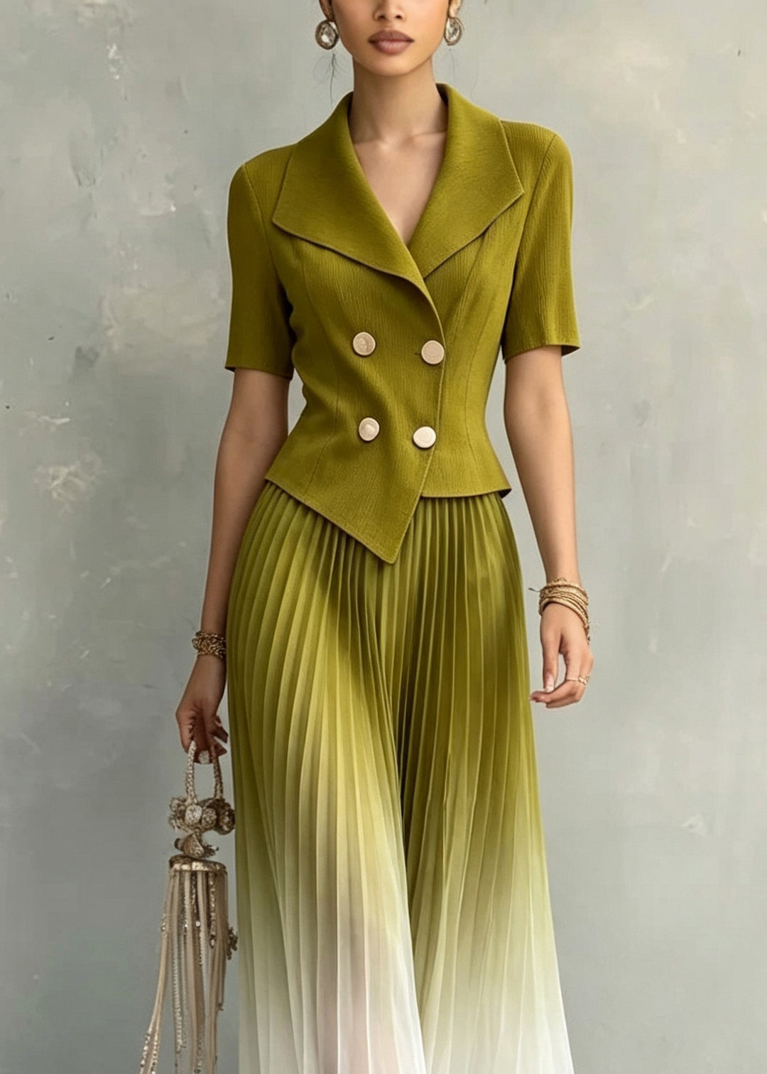 Bohemian Green Patchwork Gradient Color Long Dresses Short Sleeve