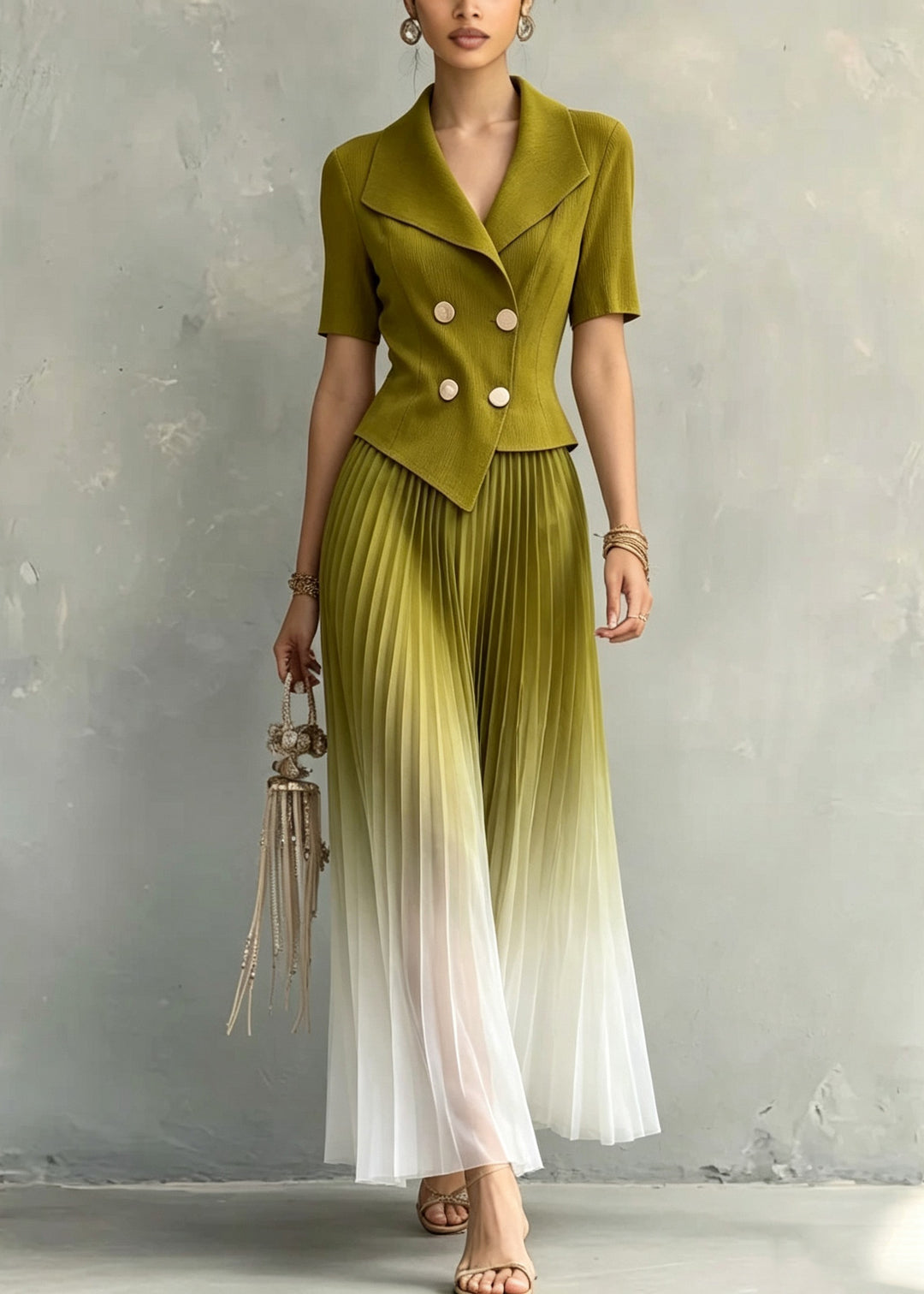 Bohemian Green Patchwork Gradient Color Long Dresses Short Sleeve