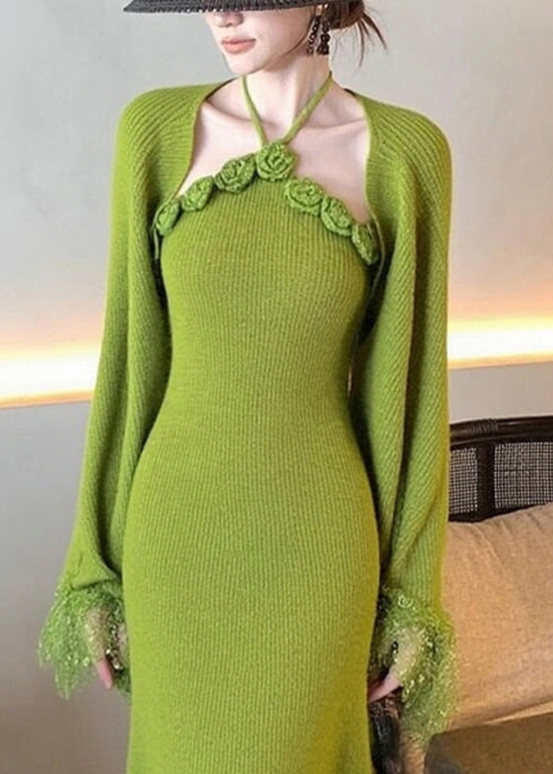 Bohemian Green Patchwork Halter Cotton Knit Cardigans And Maxi Dress Two Pieces Set Flare Sleeve