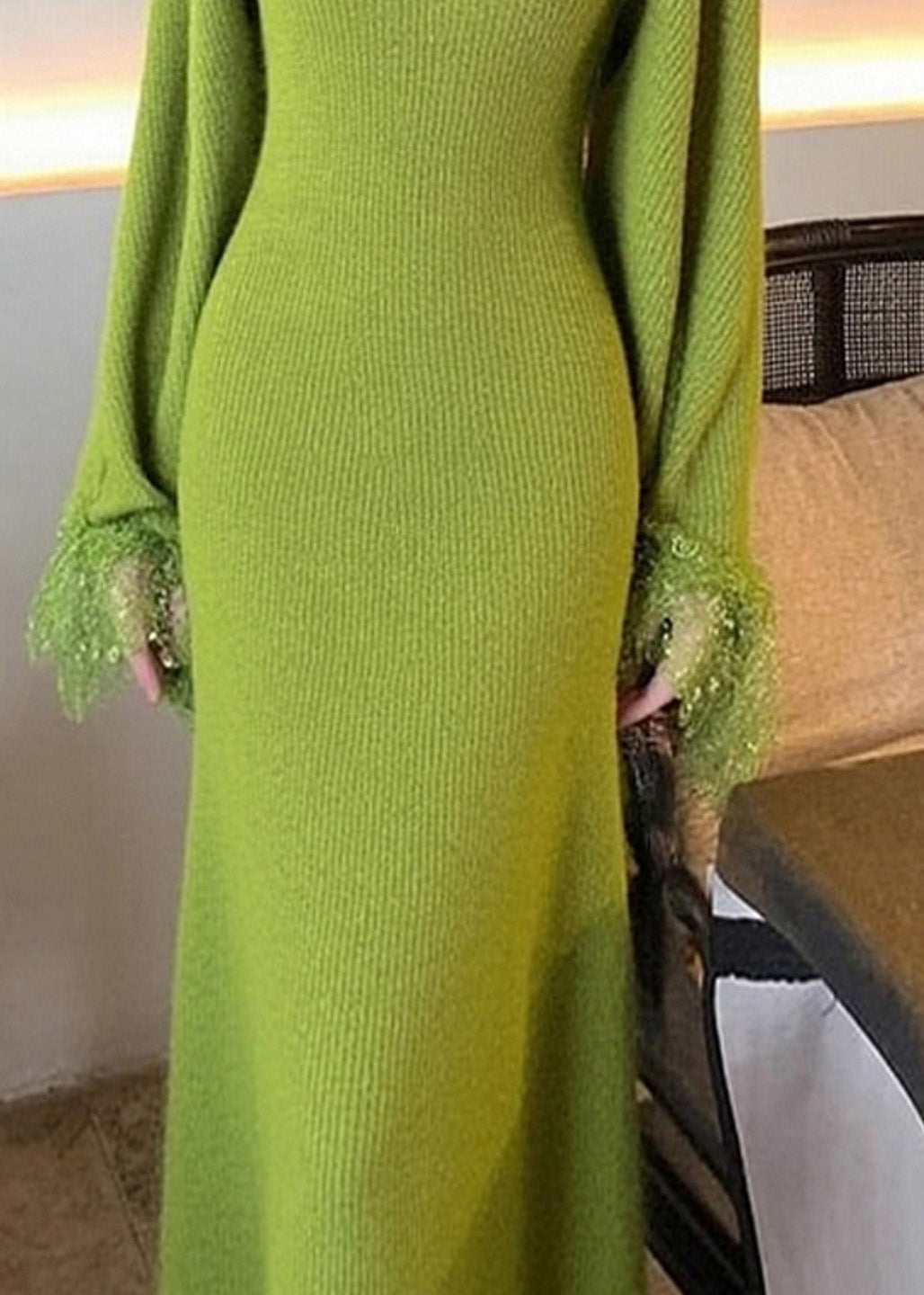 Bohemian Green Patchwork Halter Cotton Knit Cardigans And Maxi Dress Two Pieces Set Flare Sleeve