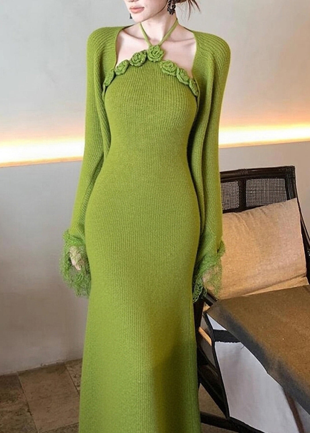 Bohemian Green Patchwork Halter Cotton Knit Cardigans And Maxi Dress Two Pieces Set Flare Sleeve