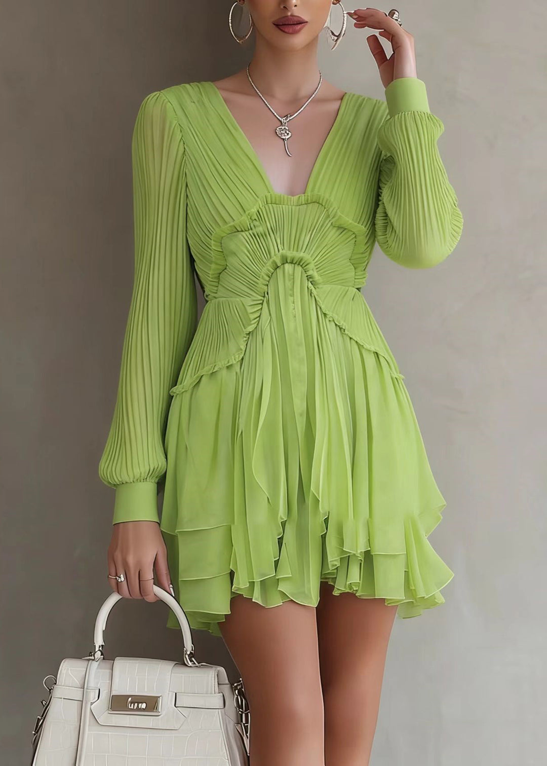 Bohemian Green Patchwork Wrinkled Solid Mid Dresses Lantern Sleeve - Omychic