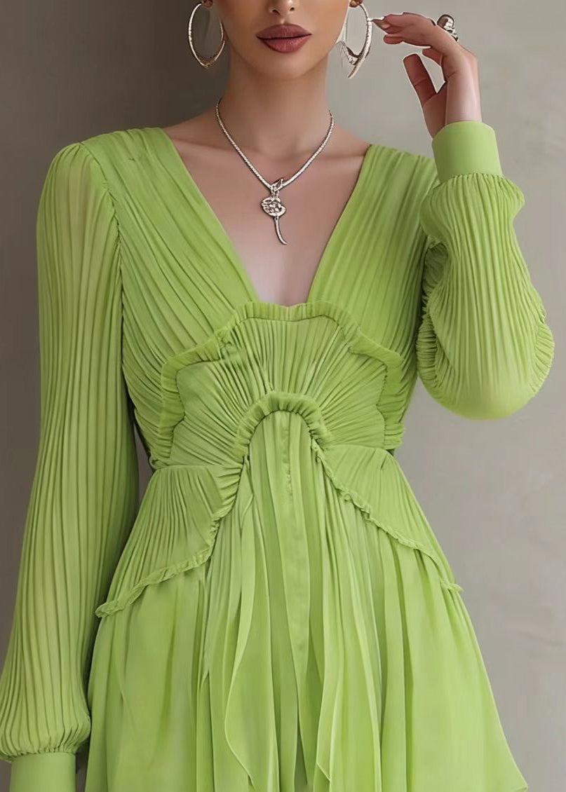 Bohemian Green Patchwork Wrinkled Solid Mid Dresses Lantern Sleeve - Omychic