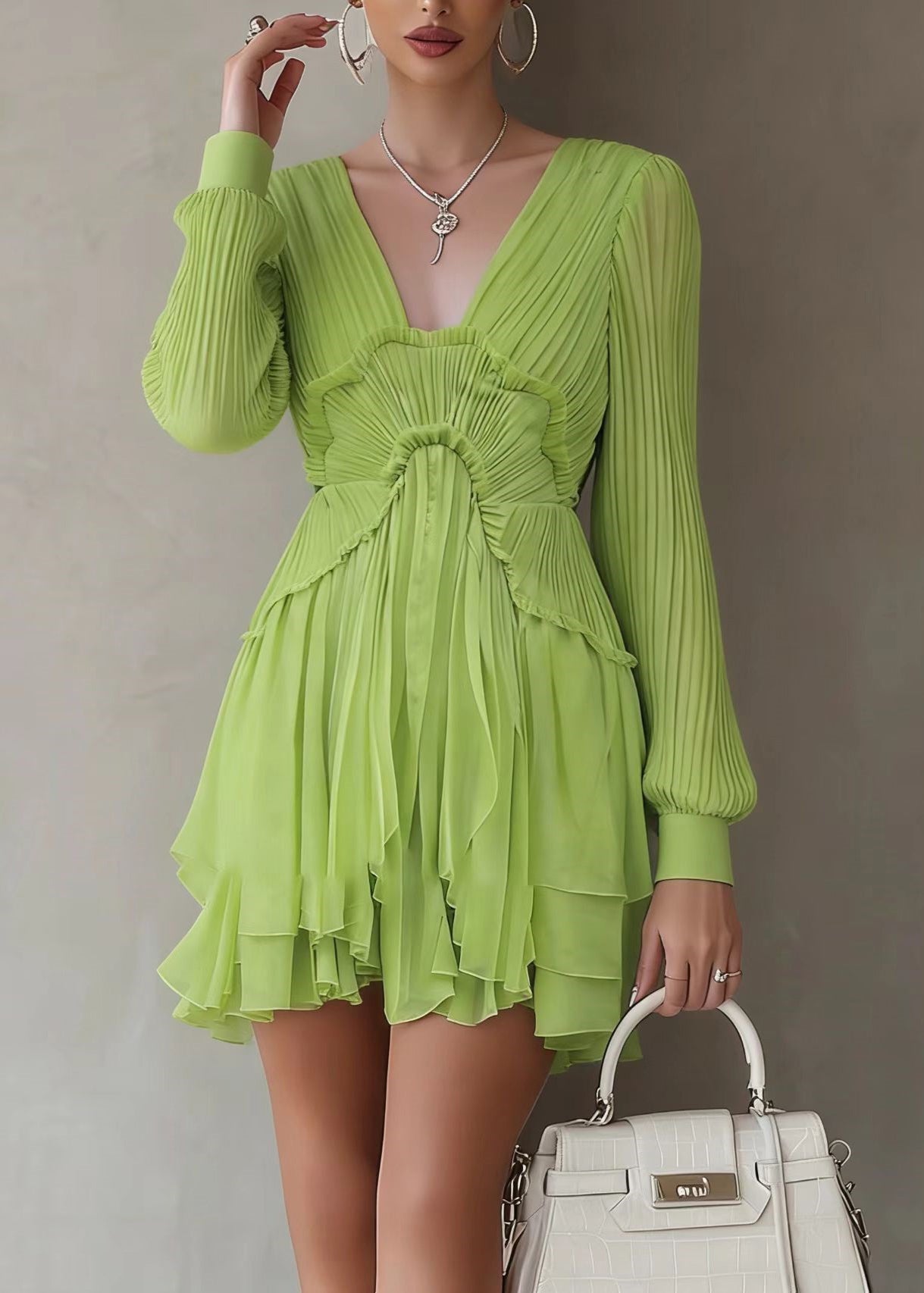 Bohemian Green Patchwork Wrinkled Solid Mid Dresses Lantern Sleeve - Omychic