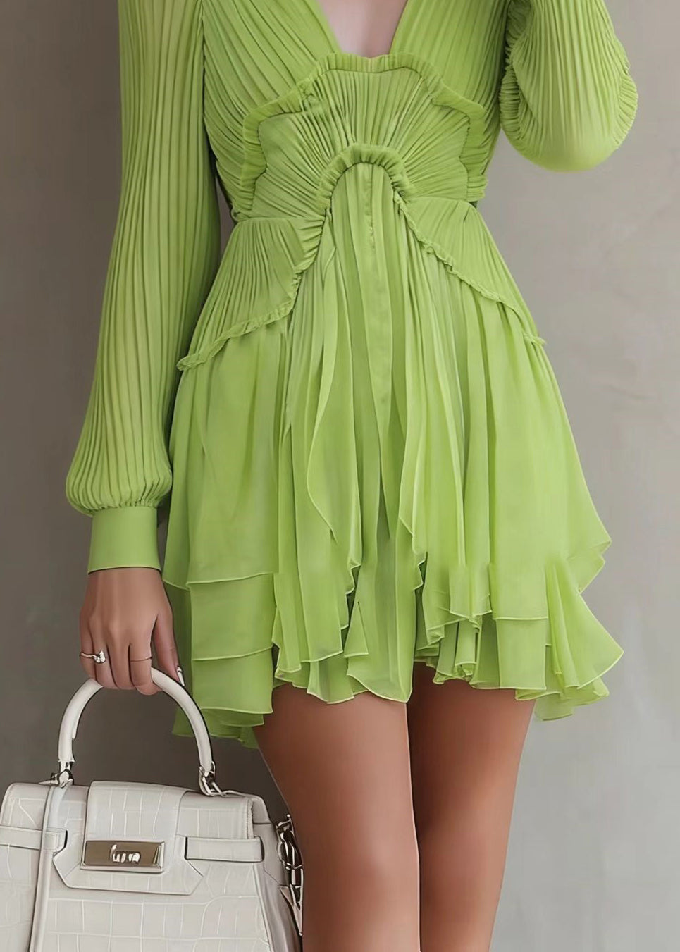 Bohemian Green Patchwork Wrinkled Solid Mid Dresses Lantern Sleeve - Omychic