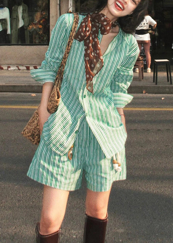 Bohemian Green Peter Pan Collar Striped Shirts And Shorts Two Pieces Set Summer