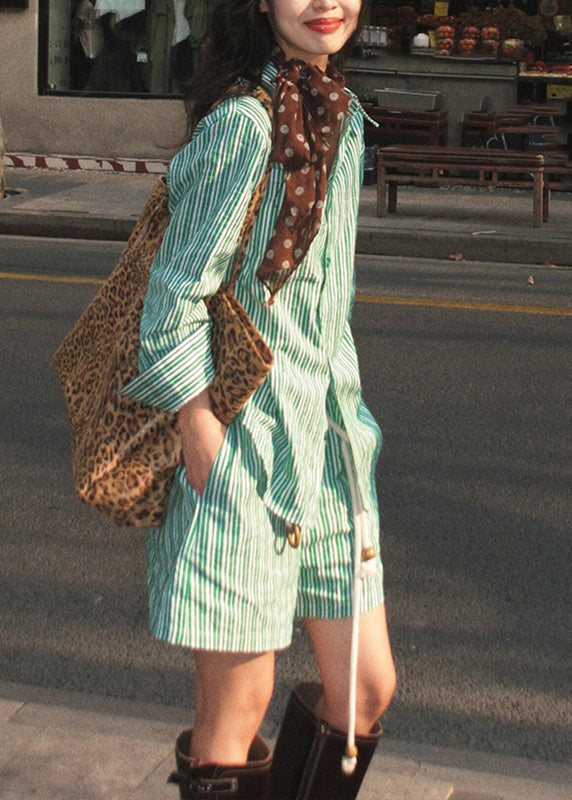 Bohemian Green Peter Pan Collar Striped Shirts And Shorts Two Pieces Set Summer