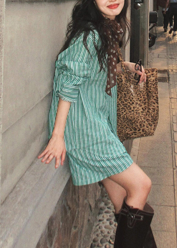 Bohemian Green Peter Pan Collar Striped Shirts And Shorts Two Pieces Set Summer