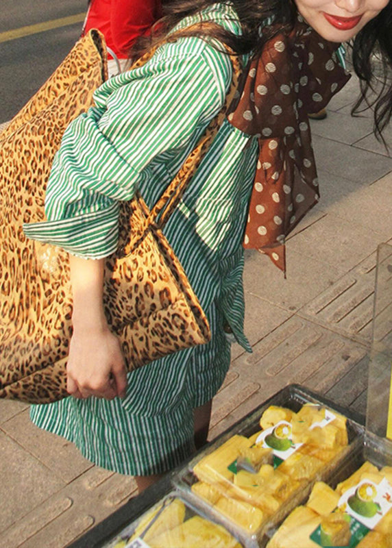 Bohemian Green Peter Pan Collar Striped Shirts And Shorts Two Pieces Set Summer