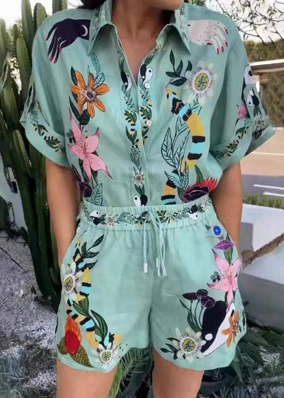 Bohemian Green Print Elastic Waist Shirts And Shorts Linen Two Piece Set Summer
