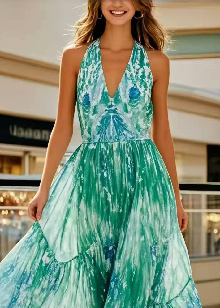 Bohemian Green Print Exra Large Hem Chiffon Holiday Halter Dress Summer