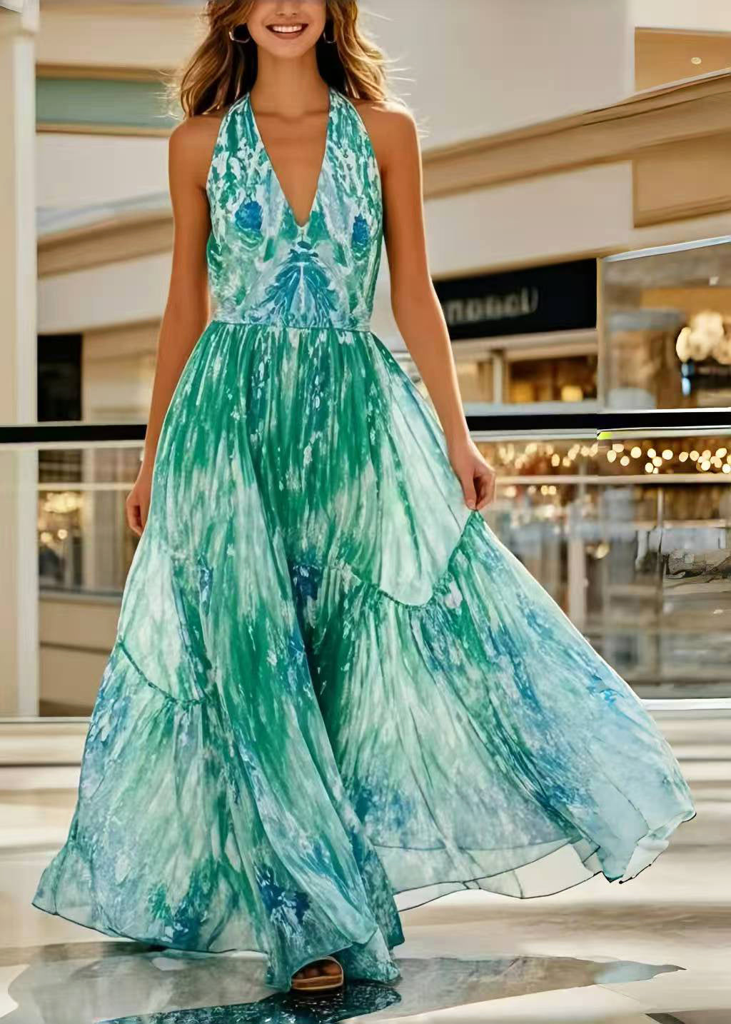 Bohemian Green Print Exra Large Hem Chiffon Holiday Halter Dress Summer