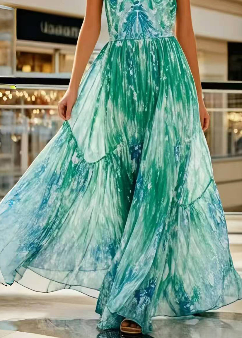 Bohemian Green Print Exra Large Hem Chiffon Holiday Halter Dress Summer