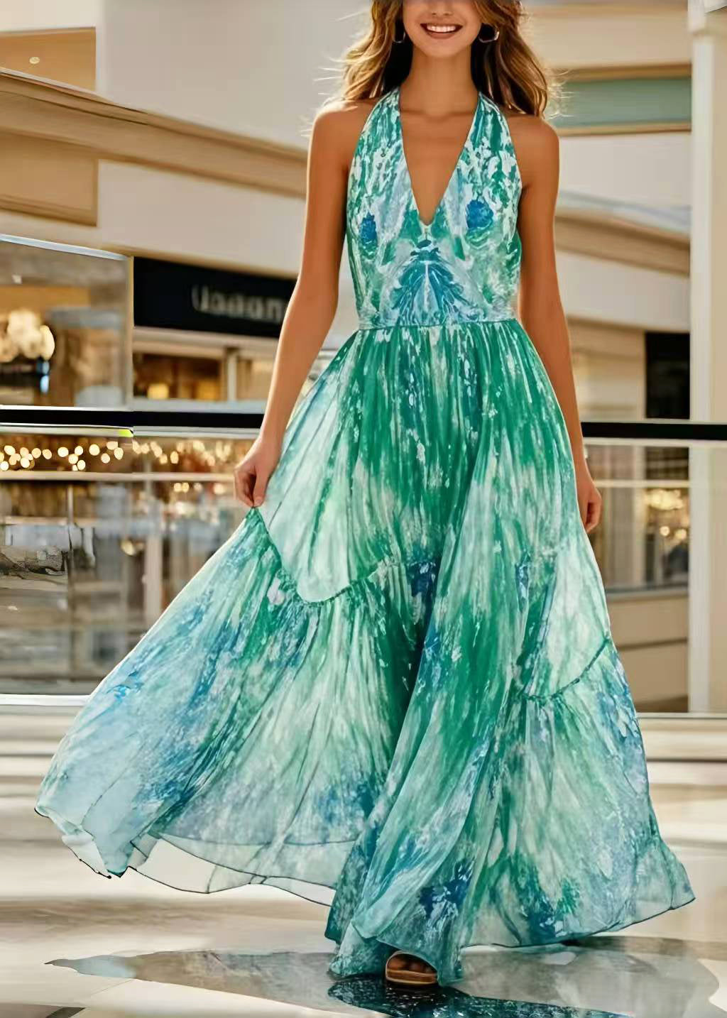 Bohemian Green Print Exra Large Hem Chiffon Holiday Halter Dress Summer