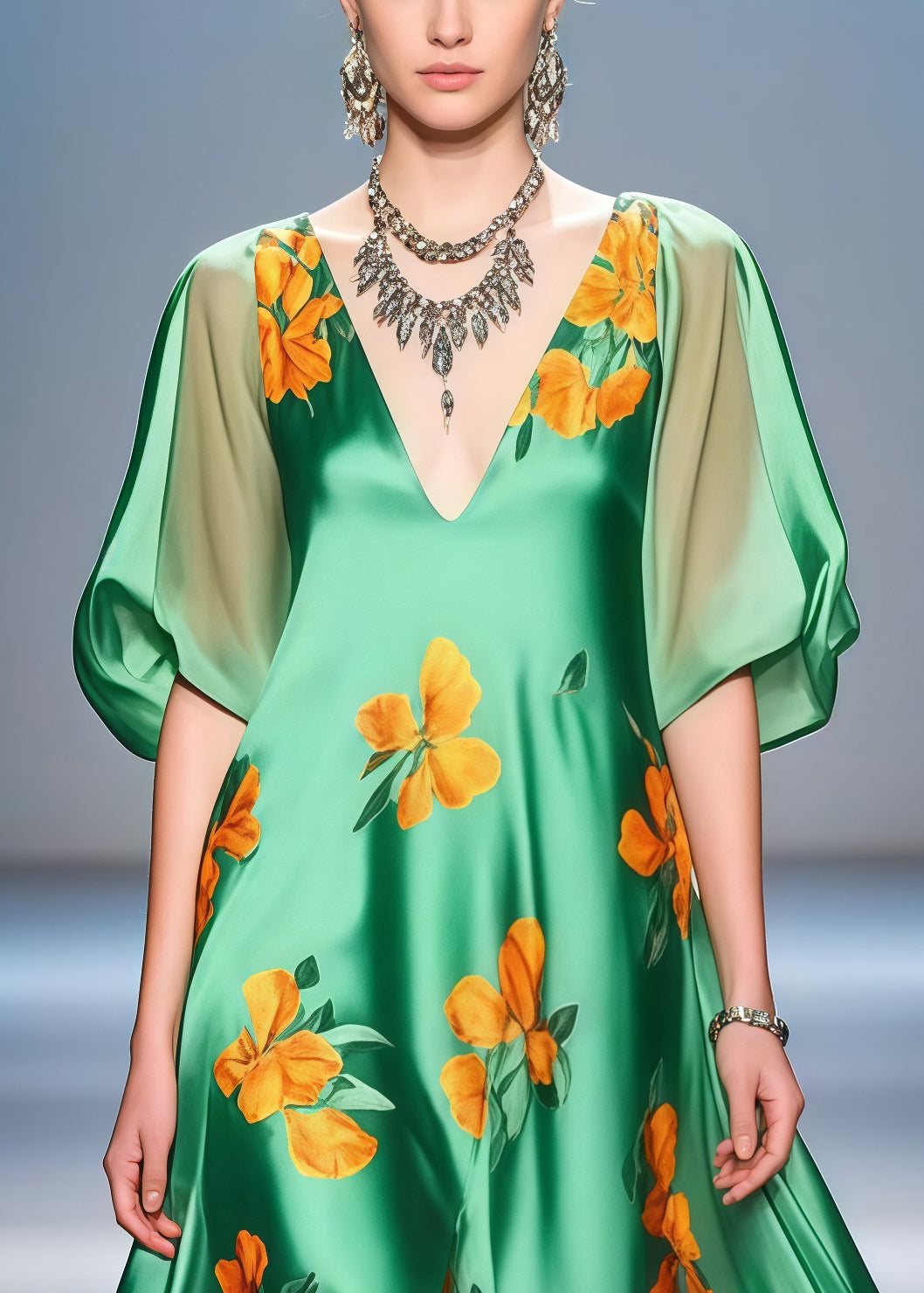 Bohemian Green Print Side Open Draping Silk Party Dress Summer