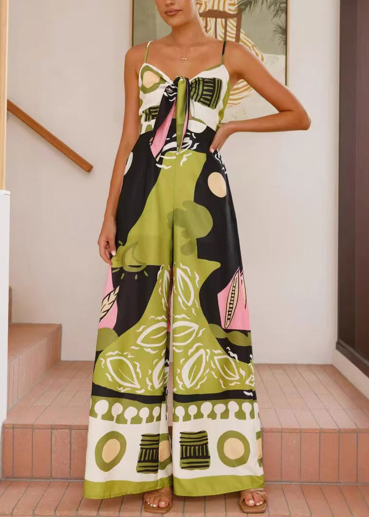 Bohemian Green Print Zippered Pockets Cotton Wide Leg Jumpsuit Sleeveless