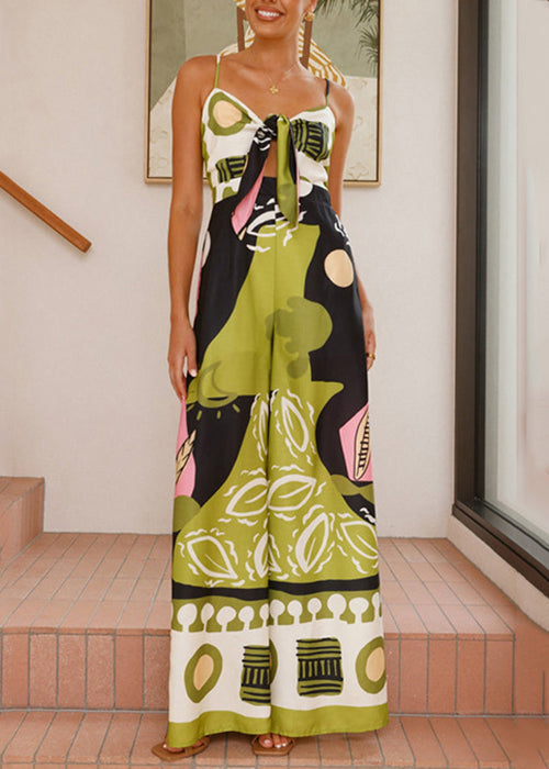 Bohemian Green Print Zippered Pockets Cotton Wide Leg Jumpsuit Sleeveless